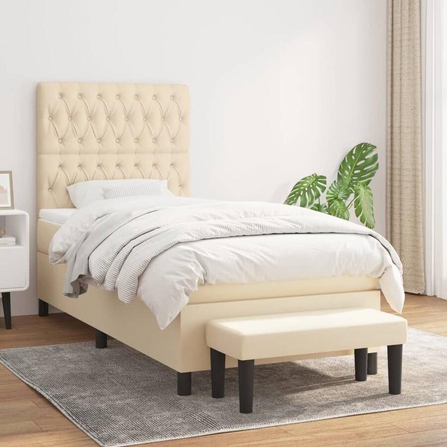 VidaXL Boxspring 100x200 cm Inclusief Matras en Bankje Boxspring Bed Boxspring Creme Kleurig Bed Tweepersoons Bed Stapelbare Boxspring Frame Bedroom Furniture - Foto 2