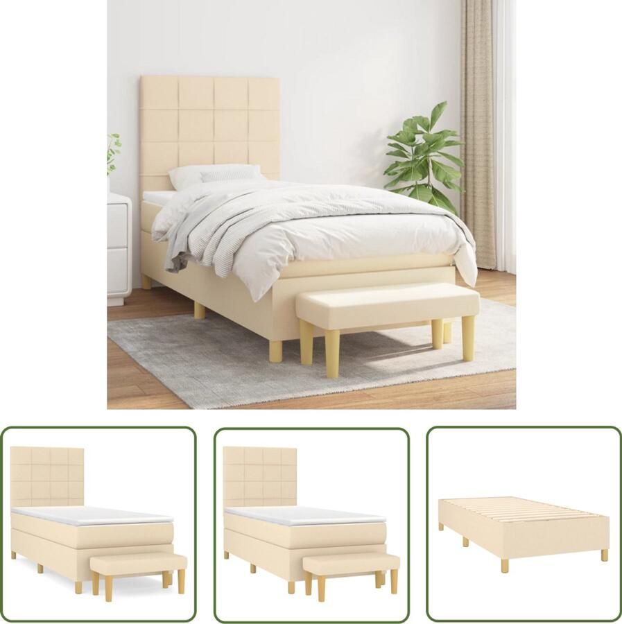 VidaXL Boxspring 100x200 cm Inclusief Matras & Bankje Boxspringbed Boxspring Tweepersoonsbed Creme Kleurig Bed Slaapcomfort Pocketed Veren Matras Middenhard Matras Stapelbare Bedbank