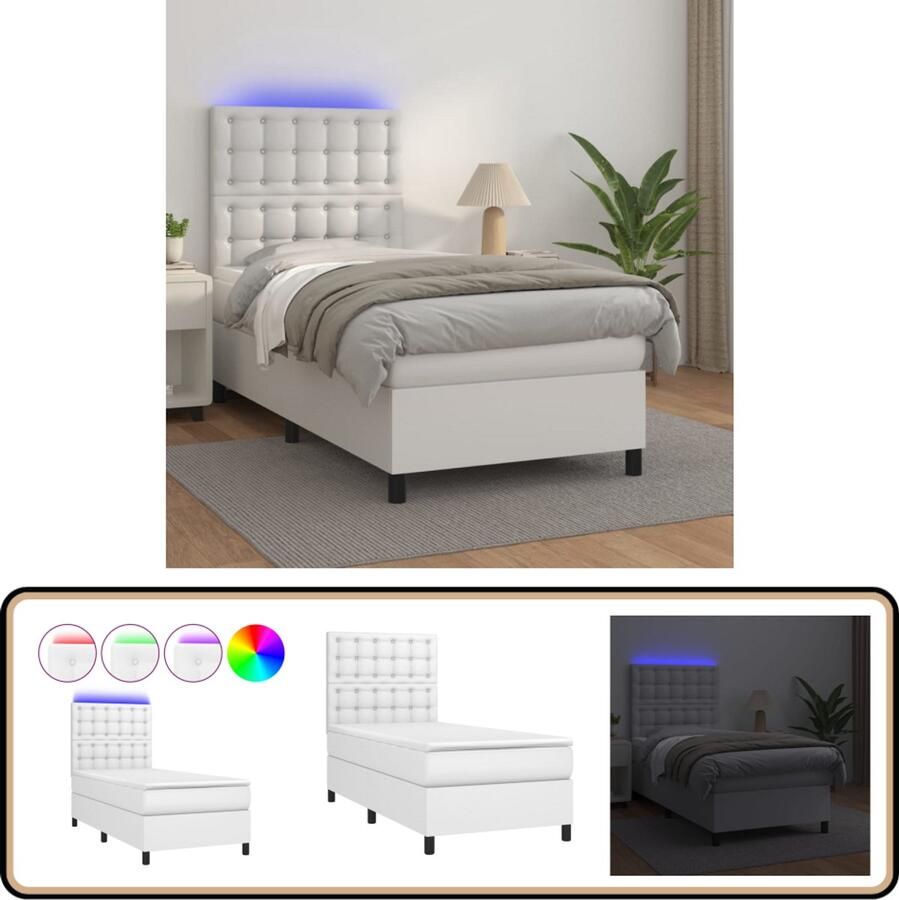 VidaXL Boxspring 100x200 cm LED & Kunstleer Wit Boxspring Led Boxspring Kunstleder Bed Verstelbare Hoofdbord Pocketveer Matras