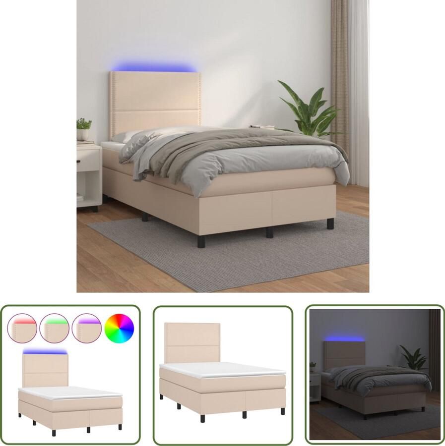 VidaXL Boxspring 120x200 cm Cappuccino LED Boxspring Cappucino Bed Leder Look Bed Led Bed King Size Bed Tweepersoonsbed Bedroom Furniture