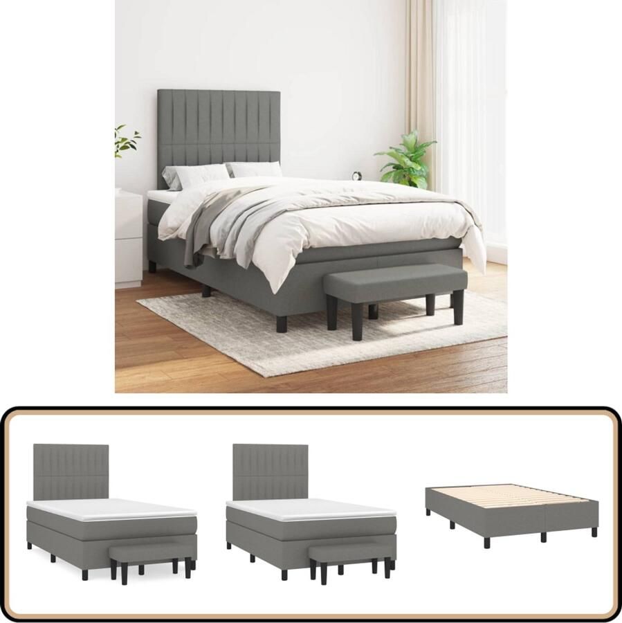 VidaXL Boxspring 120x200 cm Donkergrijs Inclusief Matras Boxspringbed Donkere Kleuren Tweepersoonsbed Pocketed Veren Middelhard Matras