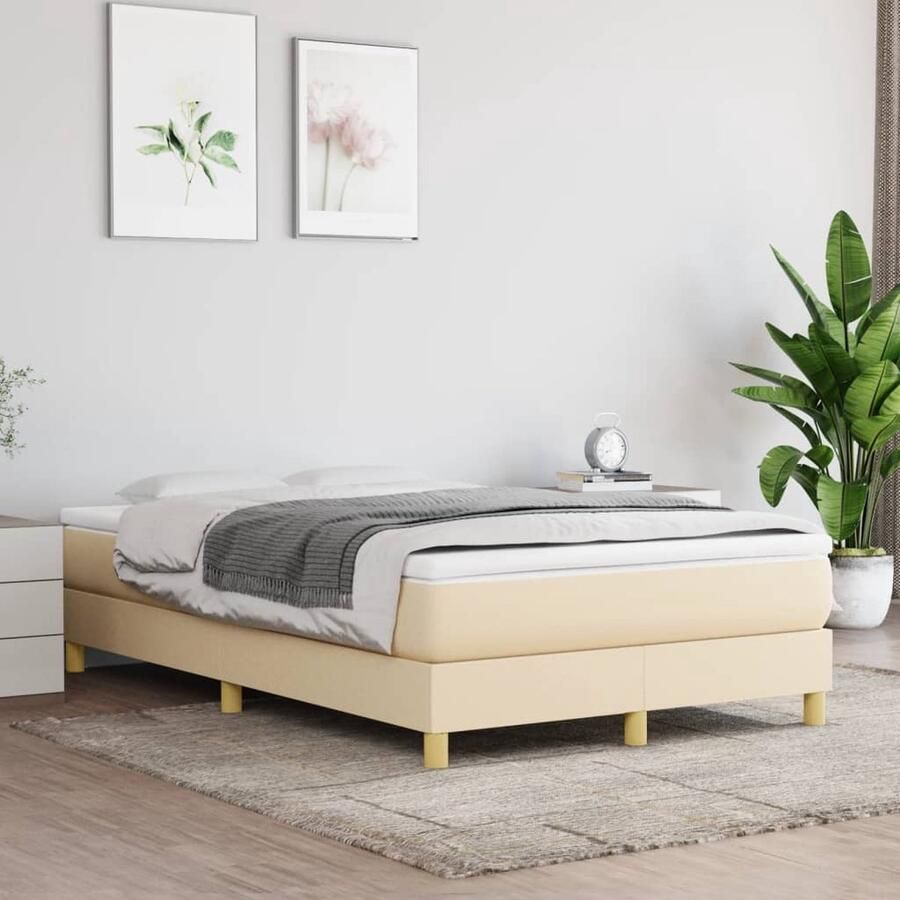 VidaXL Bedframe 120x200 cm Crèmekleurig Stof Boxspring Frame Bedframe Tweepersoonsbed Creme Kleurtje Stoffen Bedframe Multiplex Lattenbodem Stabiel Bedframe Goedkope Boxsprings Comfortabel Bed - Foto 2