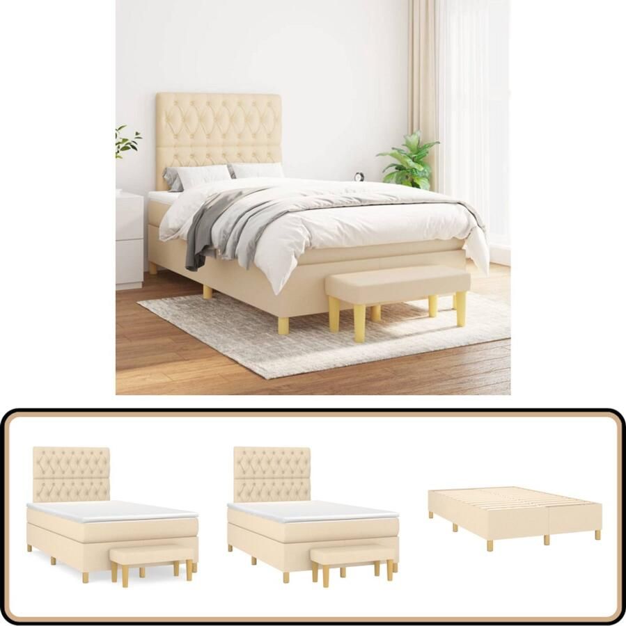 VidaXL Boxspring 120x200 cm Inclusief Matras en Bankje Boxspringbed Slaapcomfort Vierkante Bed Creme Kleur Pocketed Veren Matras