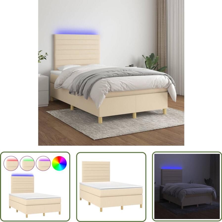 VidaXL Boxspring 120x200 cm Met LED en Matras Boxspring Led Lamp Cremekleurig Tweepersoonsbed Slaapcomfort Pocketveermatras Hoofdbord Adjustable Headboard