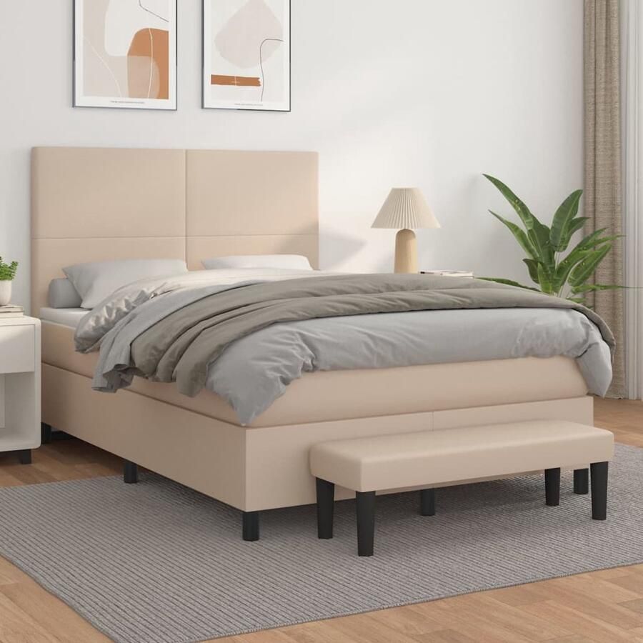 VidaXL Boxspring 140x190 cm Cappuccino Kunstleer Boxspringbed Kunstleder Bed Tweepersoonsbed 140x190 Bed Pocketveer Matras Middenhard Matras Bruine Bed - Foto 2