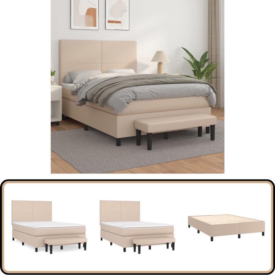 VidaXL Boxspring 140x190 cm Cappuccino Kunstleer Boxspringbed Kunstleder Bed Tweepersoonsbed 140x190 Bed Pocketveer Matras Middenhard Matras Bruine Bed