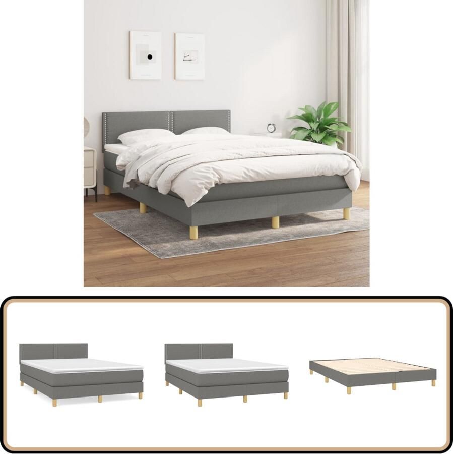 VidaXL Boxspring 140x190 cm Donkergrijs Inclusief Matras Boxspringbed Boxsprings Slaapkamerinrichting Tweepersoonsbed Donkere Kleuren Grijs Bed Pocketed Spring Mattress Adjustable Headboard