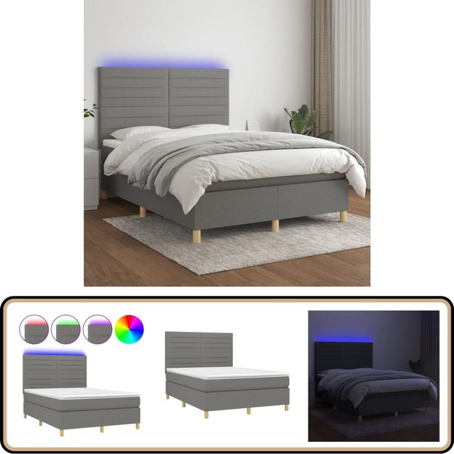 VidaXL Boxspring 140x190 cm Donkergrijs LED Boxspring Donkere Kleuren Led Lampen Hoofdbord Pocketed Veren Matras Slaapcomfort