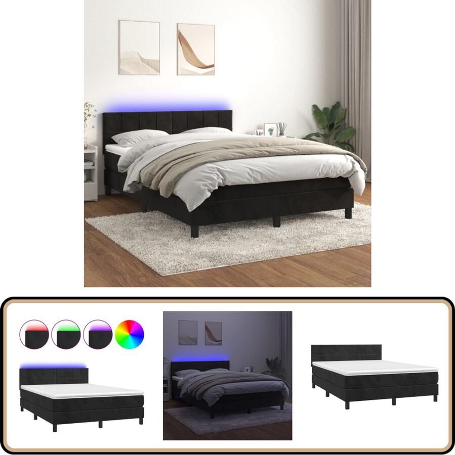 VidaXL Boxspring Fluweel Zwart 140x200 cm LED Boxspring Fluweel Bed Led Lampen Pocketvering Matras Hoofdbord Slaapcomfort