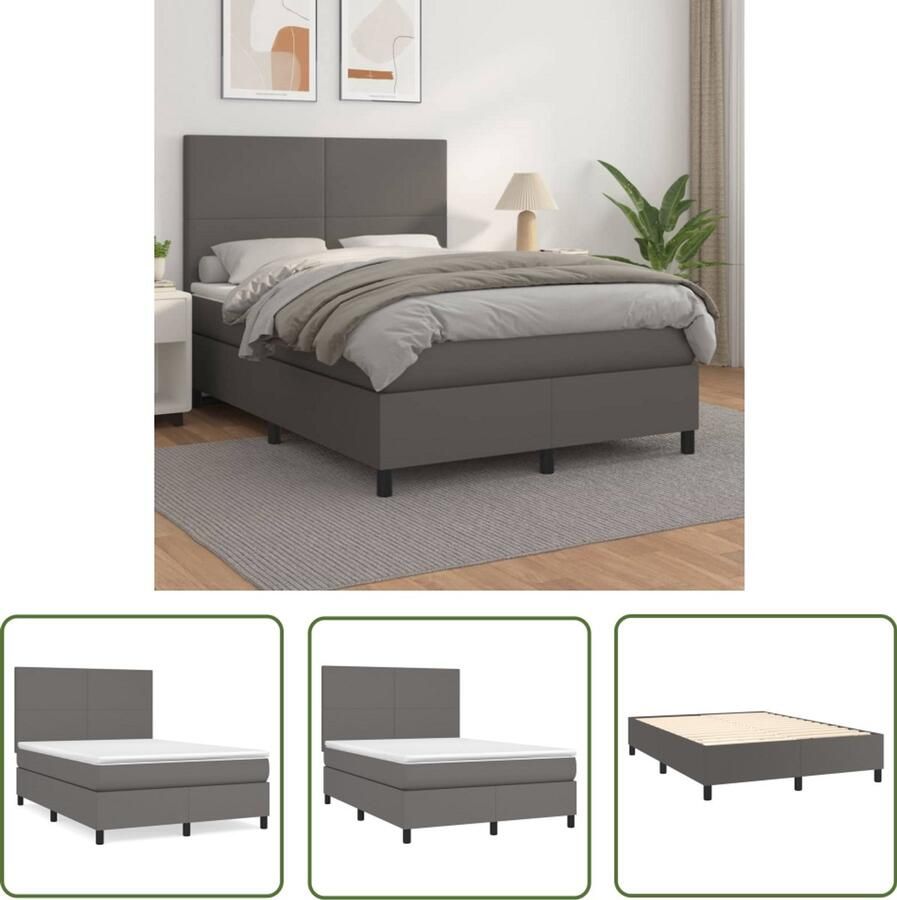 VidaXL Boxspring Kunstleer Grijs 140x200 cm Boxspringbed Slaapcomfort Kunstleder Verstelbare Hoofdbord Pocketveer Matras Middelduur