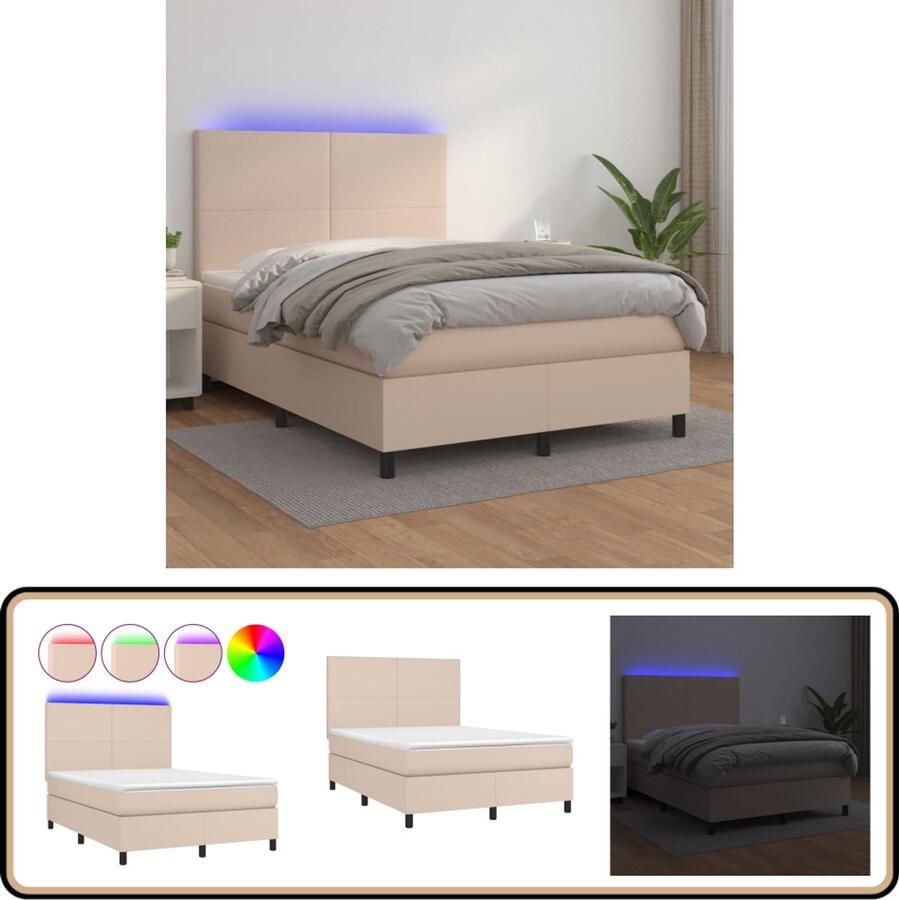 VidaXL Boxspring 140x190 cm Kunstleer Cappuccino Boxspring Lederlook Bruine Boxspring Led Boxspring Hoofdbord