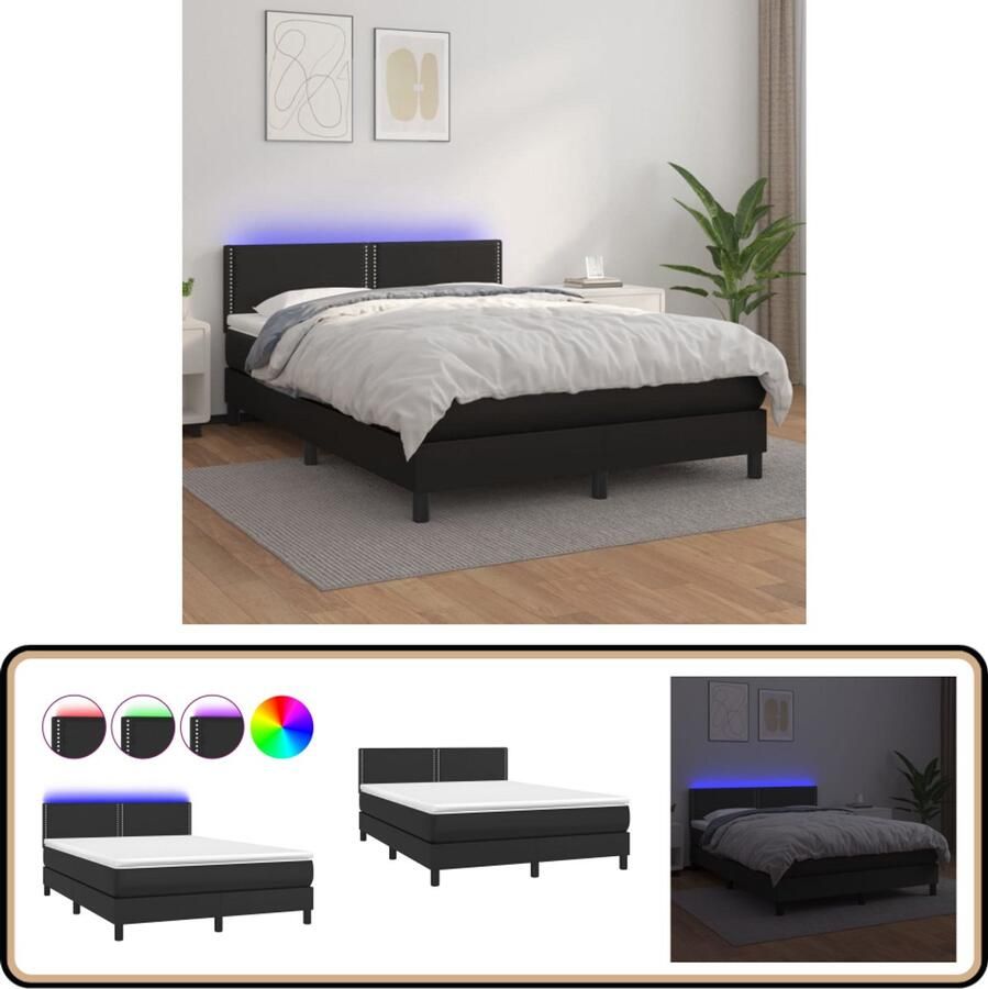VidaXL Boxspring met LED en matras Kunstleer Zwart Boxspring Led Boxspring Kunstleder Bed Tweepersoons Bed King Size Bed