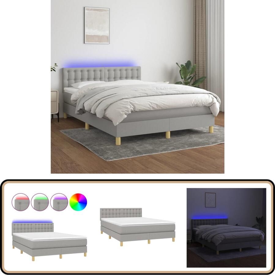 VidaXL Boxspring 140x190 cm Lichtgrijs Inclusief Matras Boxspring Bed Led Verlichting Pocketvering Matras Huidevriendelijk Matrasbeschermer Grijs Bed