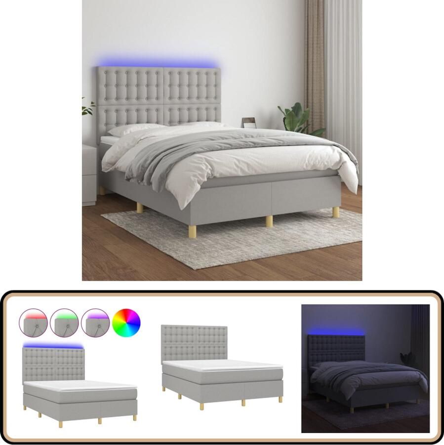VidaXL Boxspring 140x190 cm met LED en Matras Boxspring Led Bed Slaapcomfort Boxspring Bed Tweepersoonsbed Grijs Bed Duurzaam Materiaal Pocketed Spring Mattress