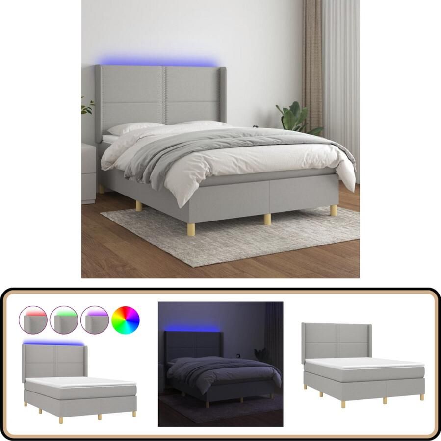 VidaXL Boxspring 140x190 cm met LED en Matras Boxspring Led Bed Slaapcomfort Boxspring Kopen King Size Bed Tweepersoonsbed Grijs Bed Modern Bed Design Bed