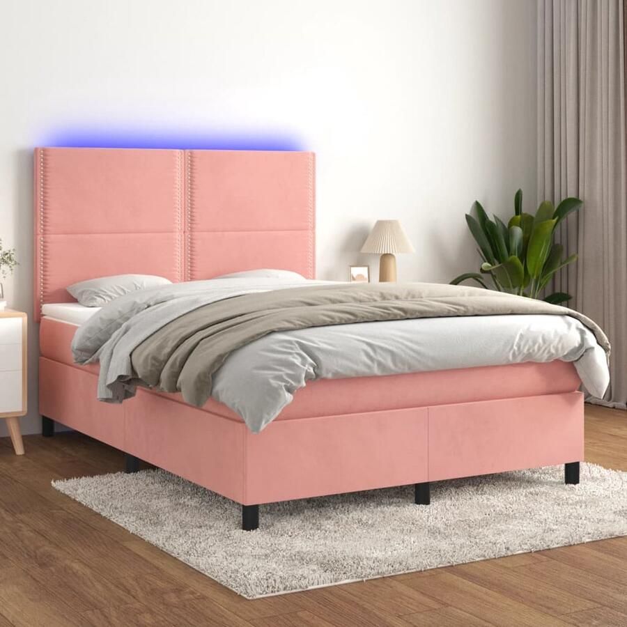 VidaXL Boxspring 140x190 cm Roze LED Inclusief Matrassen Boxspring Fluweel Bed Led Bed Rooskleurig Bed Tweepersoonsbed King Size Bed - Foto 2
