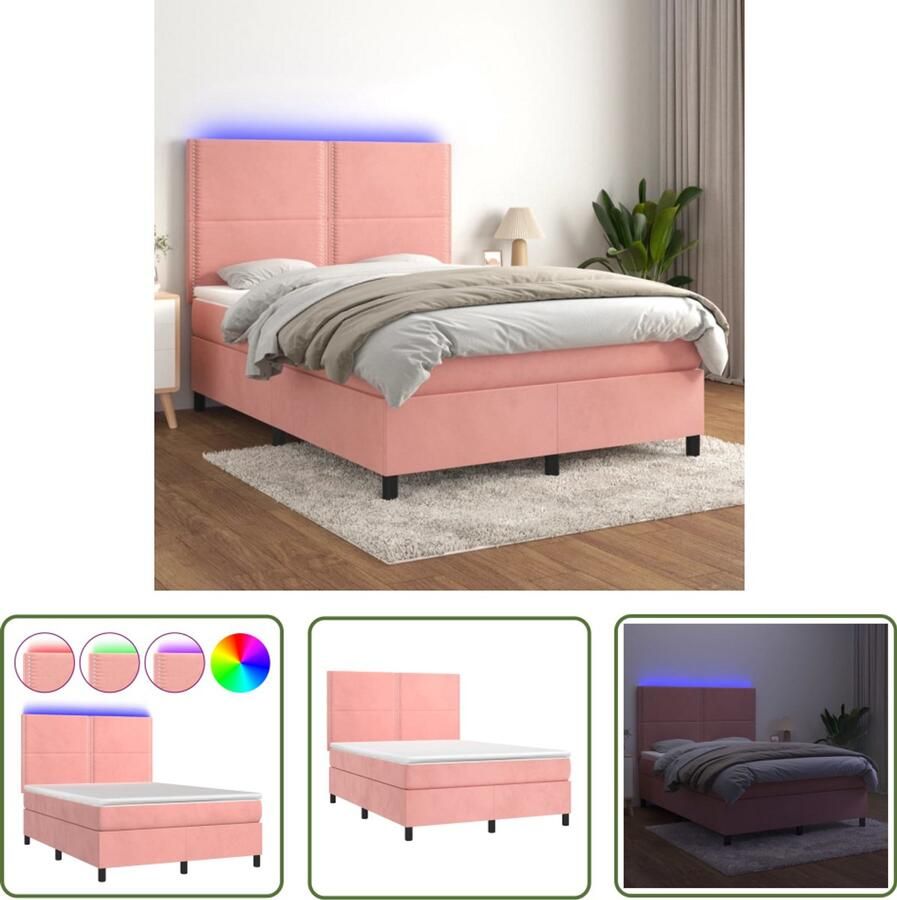 VidaXL Boxspring 140x190 cm Roze LED Inclusief Matrassen Boxspring Fluweel Bed Led Bed Rooskleurig Bed Tweepersoonsbed King Size Bed