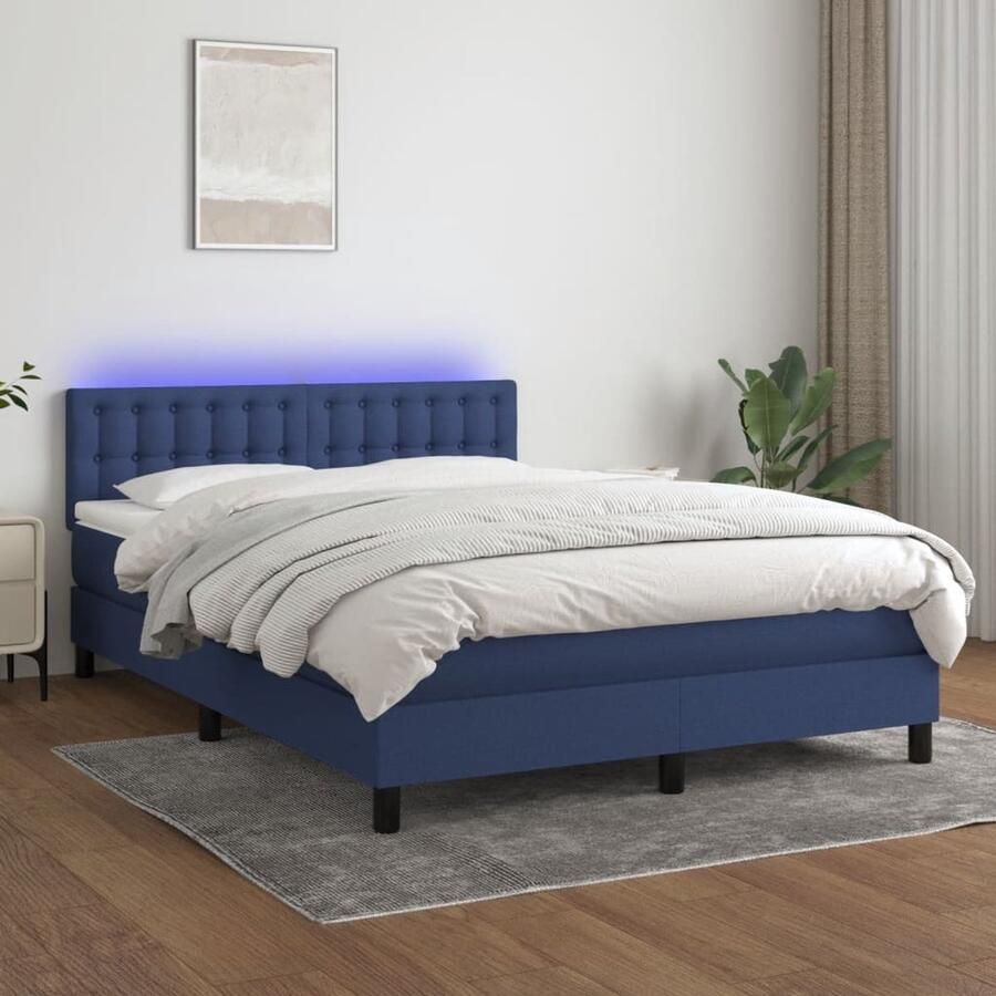 VidaXL Boxspring 140x200 cm Blauw LED en Matras Boxspring Led Boxspring Blauwe Boxspring Met Led Slaapcomfort Pocketvering Lederlook - Foto 2