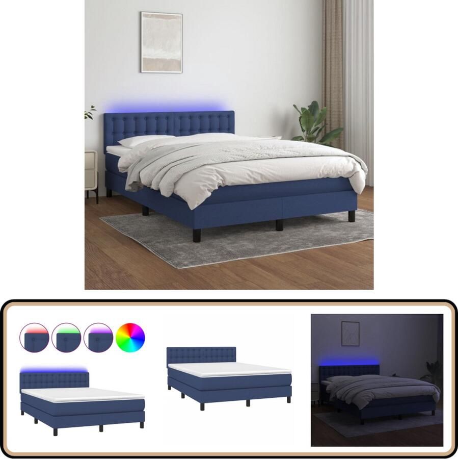 VidaXL Boxspring 140x200 cm Blauw LED en Matras Boxspring Led Boxspring Blauwe Boxspring Met Led Slaapcomfort Pocketvering Lederlook