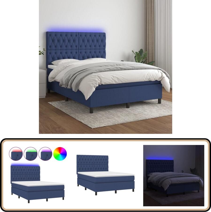 VidaXL Boxspring 140x200 cm Blauw Met LED & Matras Boxspring Boxsprings Led Lamp Slaapcomfort Slaapkamers