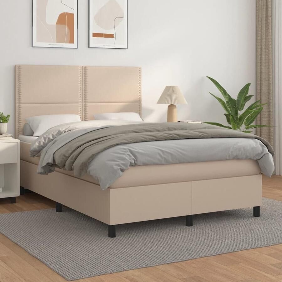VidaXL Boxspring Kunstleer Cappuccino 140x190 cm Boxspringbed Slaapcomfort Kapstok Bedroom Furniture Bruine Bank Lederlook Pocketed Spring Mattress Medium Firm