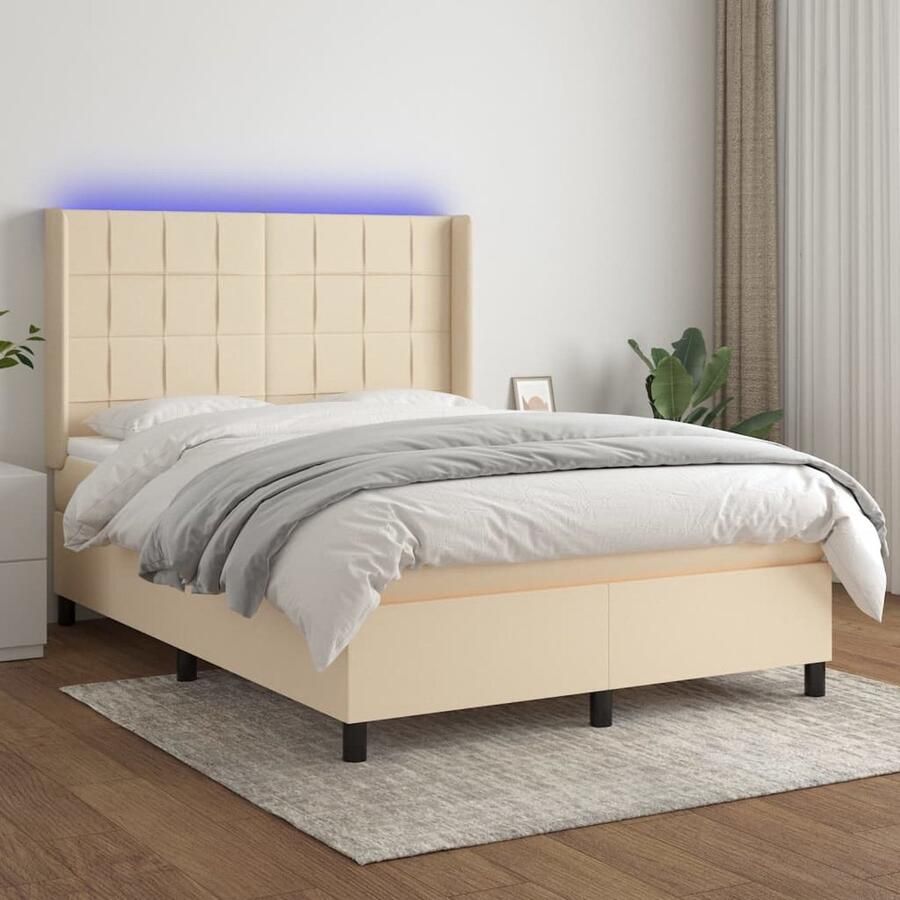 VidaXL Boxspring 140x200 cm Crème Inclusief LED Boxspring Bed Slaapcomfort Led Verlichting Verstelbare Hoofdbord Pocketvering Matras Creme - Foto 3
