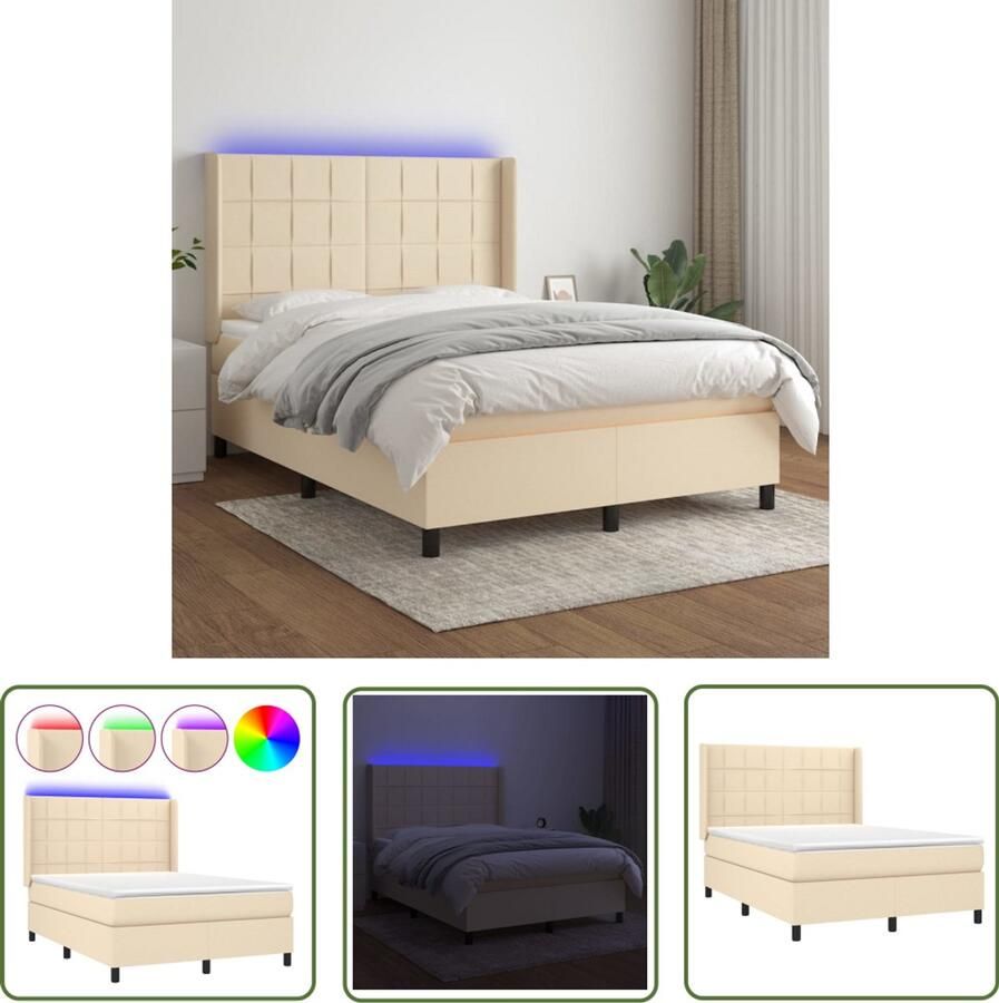 VidaXL Boxspring 140x200 cm Crème Inclusief LED Boxspring Bed Slaapcomfort Led Verlichting Verstelbare Hoofdbord Pocketvering Matras Creme - Foto 2