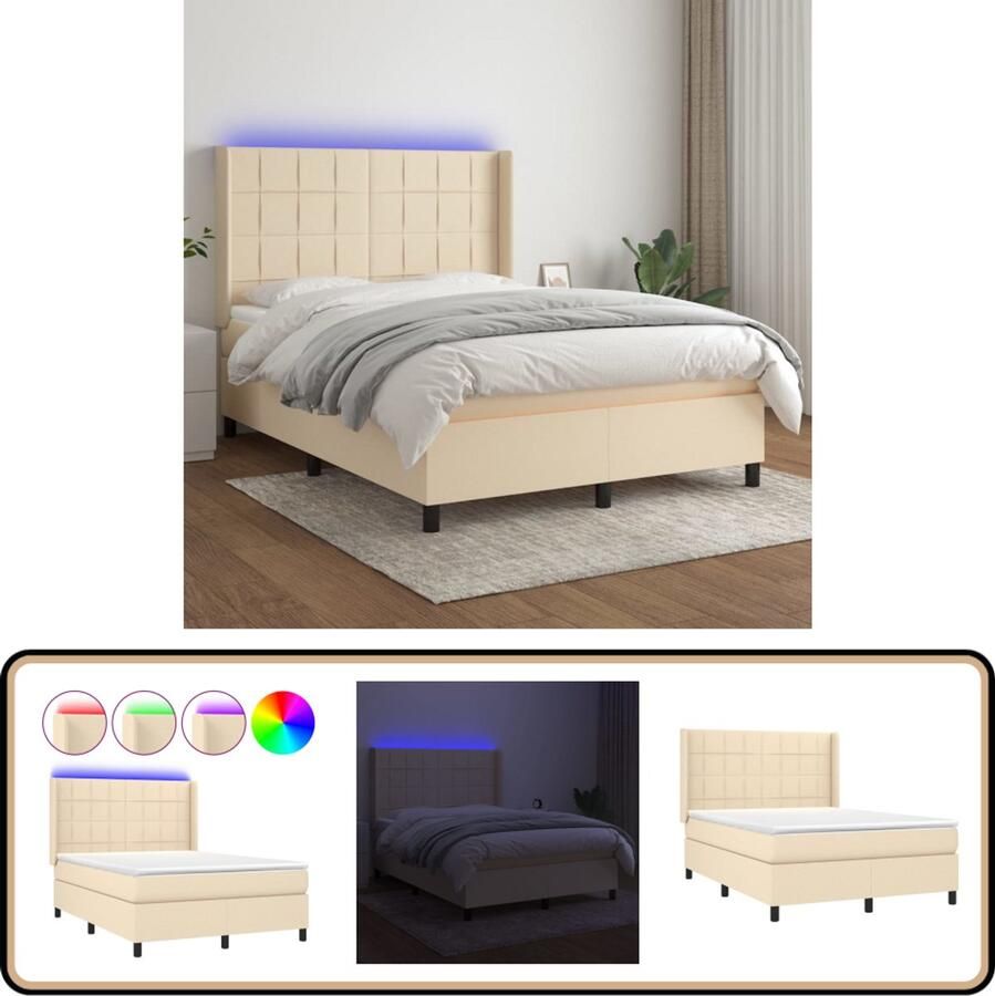 VidaXL Boxspring 140x200 cm Crème Inclusief LED Boxspring Bed Slaapcomfort Led Verlichting Verstelbare Hoofdbord Pocketvering Matras Creme