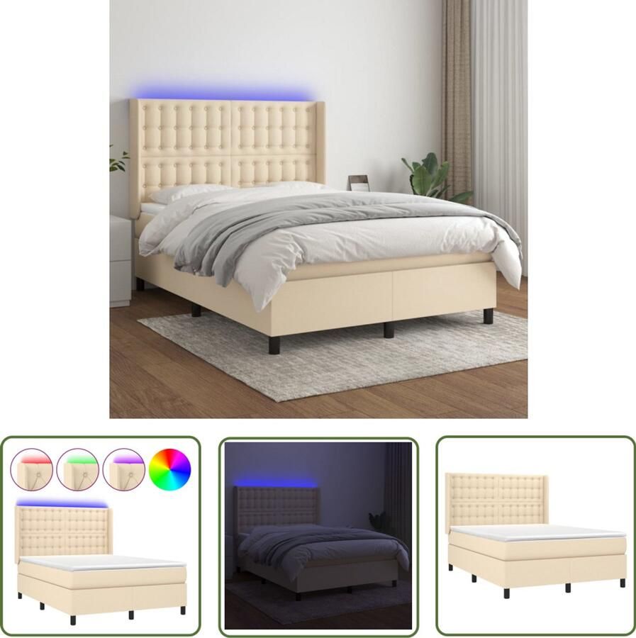 VidaXL Boxspring 140x200 cm Crème Inclusief LED Boxspring Led Boxspring Creme Boxspring 140x200 Pocketveer Matras Slaapcomfort Bedroom Furniture - Foto 2