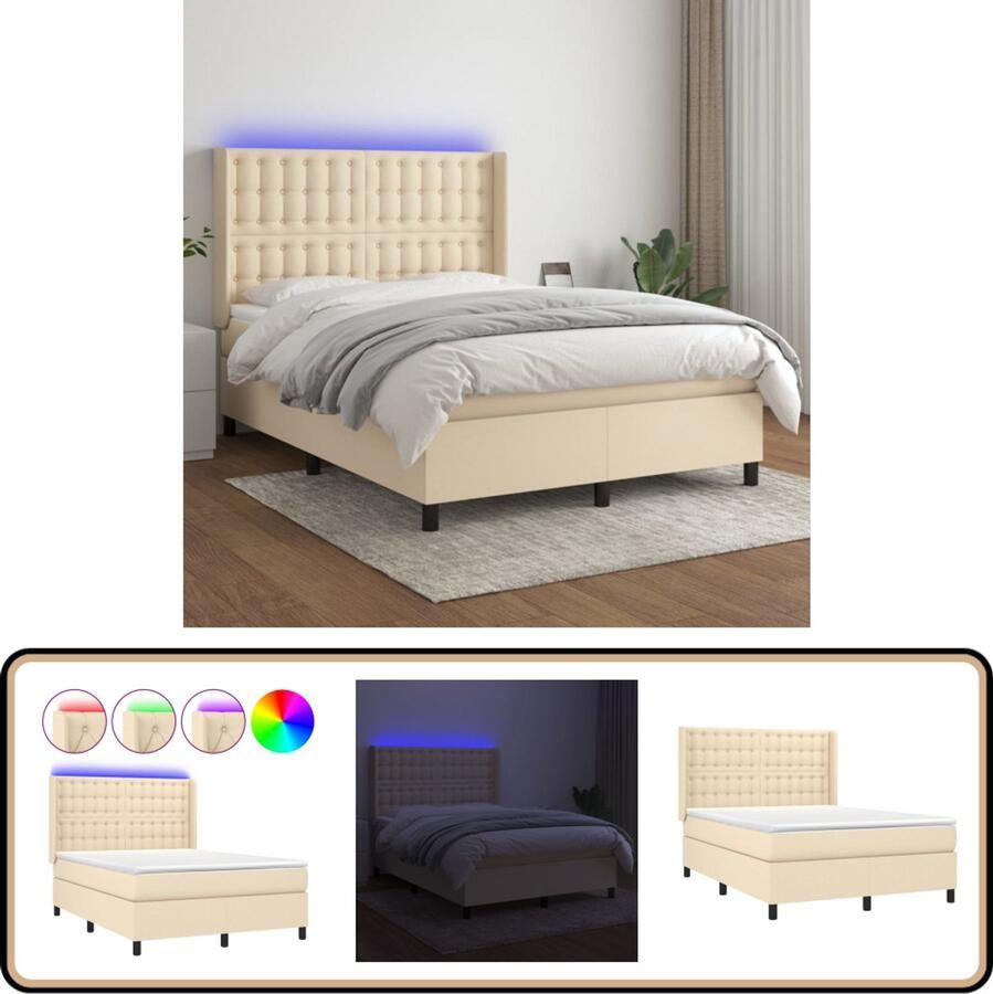VidaXL Boxspring 140x200 cm Crème Inclusief LED Boxspring Led Boxspring Creme Boxspring 140x200 Pocketveer Matras Slaapcomfort Bedroom Furniture