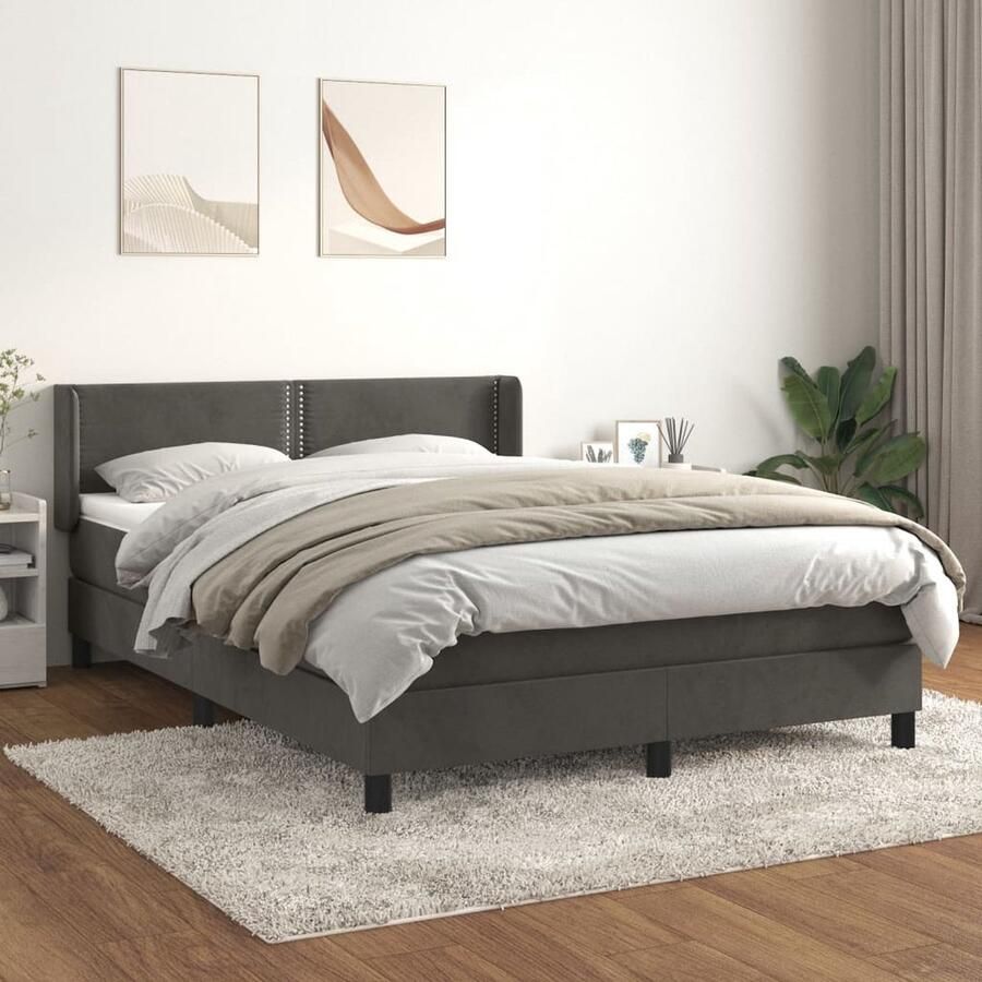 VidaXL Boxspring Fluweel Donkergrijs 140x190 cm Boxspringbed Donkere Kleuren Velvet Tweepersoonsbed Pocketvering Middelhard Matras Hoofdbord - Foto 2