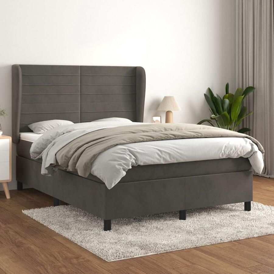 VidaXL Boxspring Fluweel Donkergrijs 140x190 cm Boxspringbed Donkere Kleuren Velvet Bed Tweepersoonsbed Pocketveer Matras Stapelbare Bedden - Foto 2