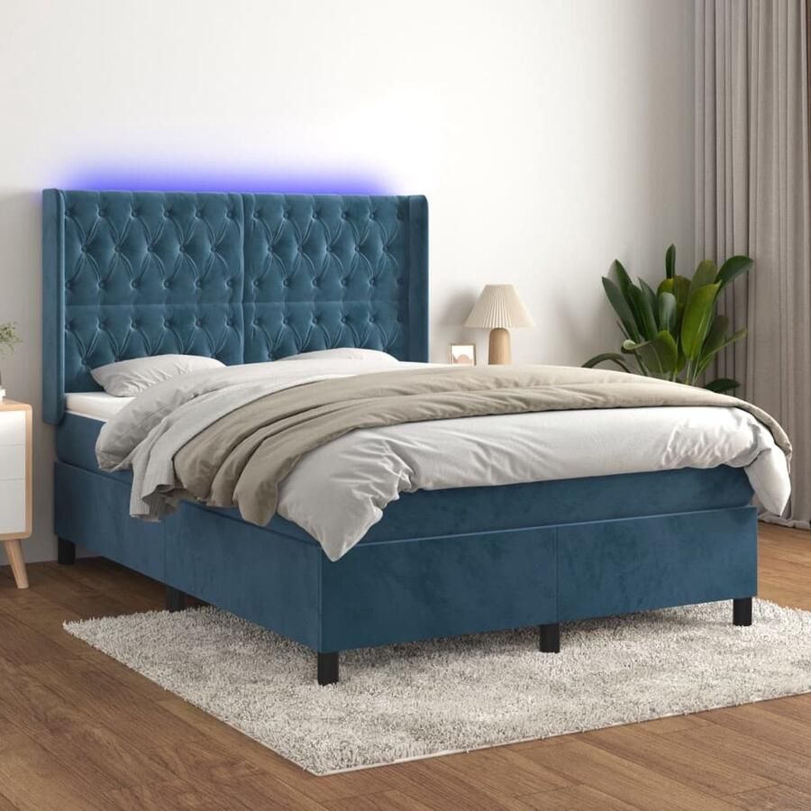 VidaXL Boxspring 140x200 cm Fluweel Donkerblauw Boxspring Bed Donkere Kleuren Velvet Bed Elektrisch Hoofdbord Led Verlichting Slaapcomfort Pocketveer Matras - Foto 2