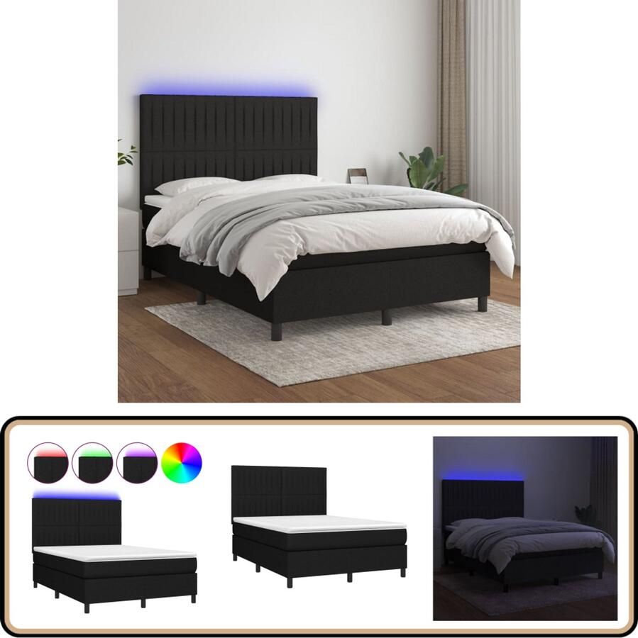 VidaXL Boxspring 140x200 cm Inclusief LED Zwart Boxspring Bed Led Bed Boxspring Frame Pocketveer Matras Slaapcomfort