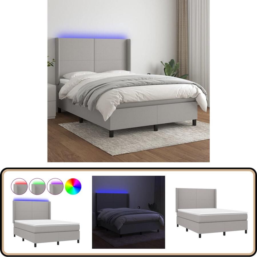 VidaXL Boxspring Met matras en LED 140x190 cm Boxspring Led Lamp Pocketveer Matras Slaapcomfort Grijs Bed Tweepersoons Bed Hoofdbord Bedroom Furniture