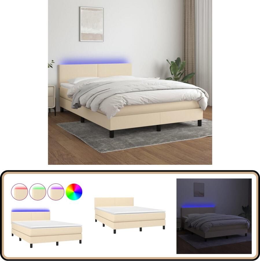 VidaXL Boxspring 140x200 cm met LED en Matras Boxspring Led Bed Creme Boxspring 140x200 Pocketveer Matras