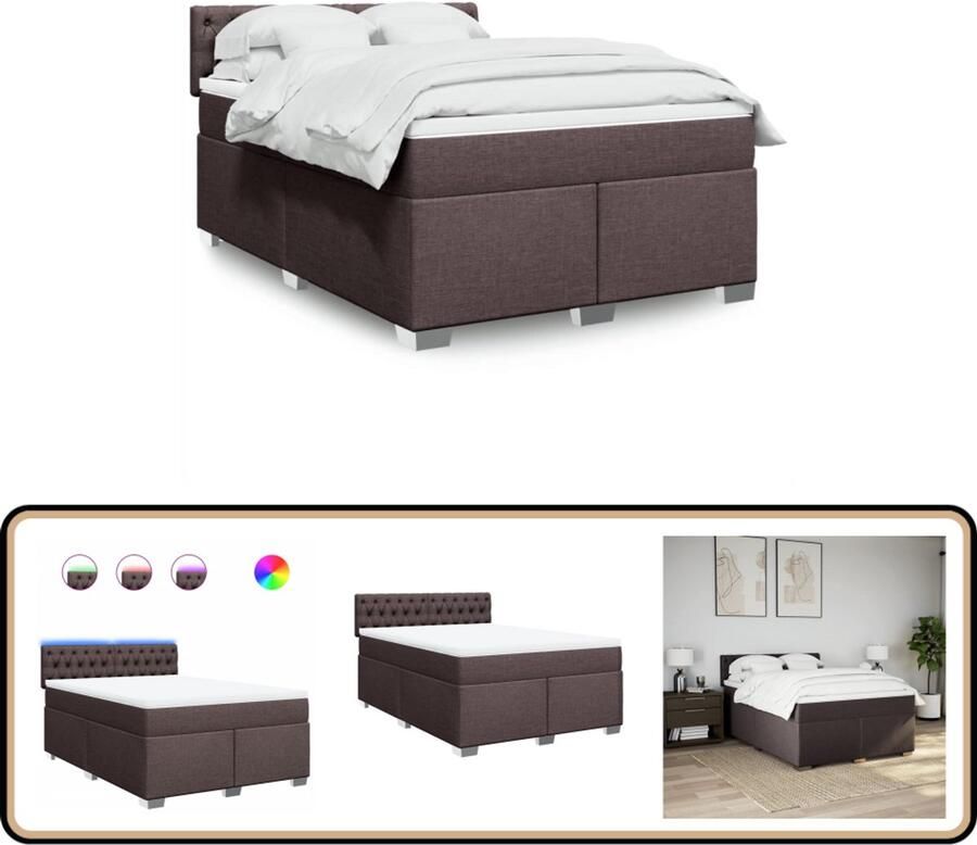 VidaXL Boxspring 140x200 cm met LED en Matras Boxspring Tweepersoonsbed Luxe Bed Donkere Kleur Houten Bedframe
