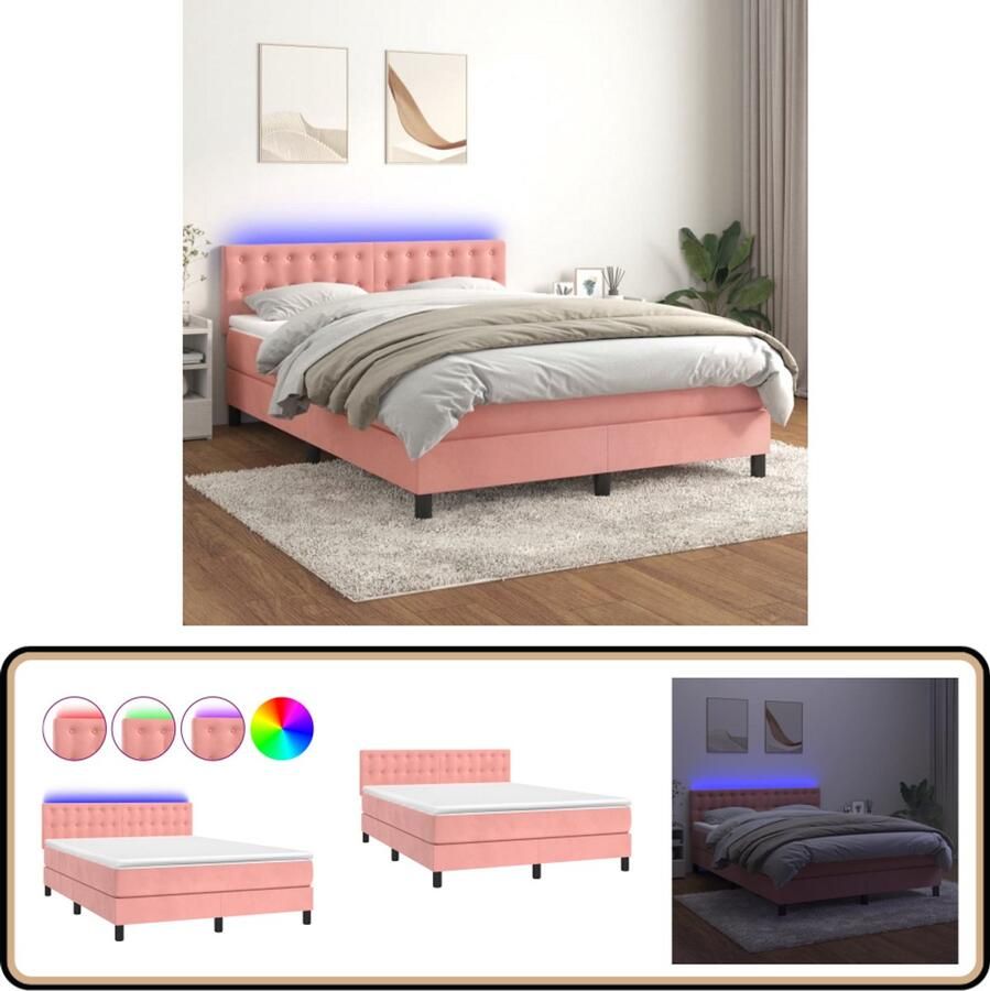 VidaXL Boxspring 140x200 cm Roze fluweel Inclusief LED Boxspring Rozenkleurige Boxspring Velvet Boxspring Led Boxspring Slaapcomfort Tweepersoons Bed Groot Bed Luxe Bed