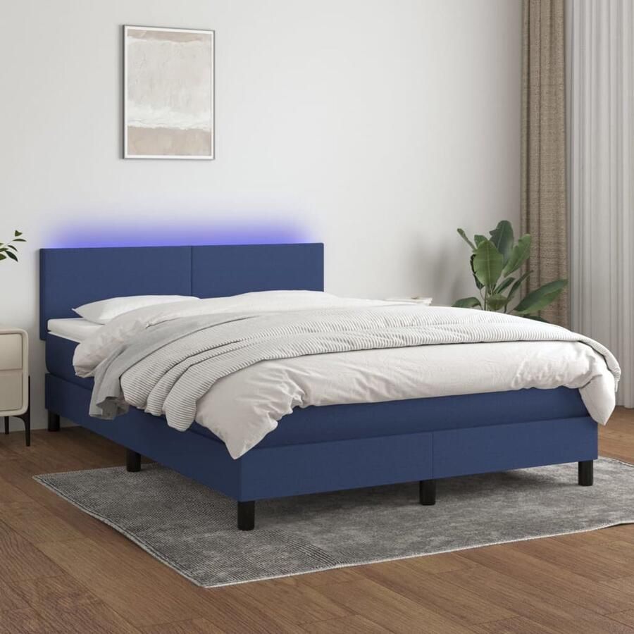 VidaXL Boxspring 140x200 cm Stof Blauw LED Boxspring Bed Led Lampje Pocketed Spring Mattress Hoofdbord Slaapcomfort Bedroom Furniture - Foto 2