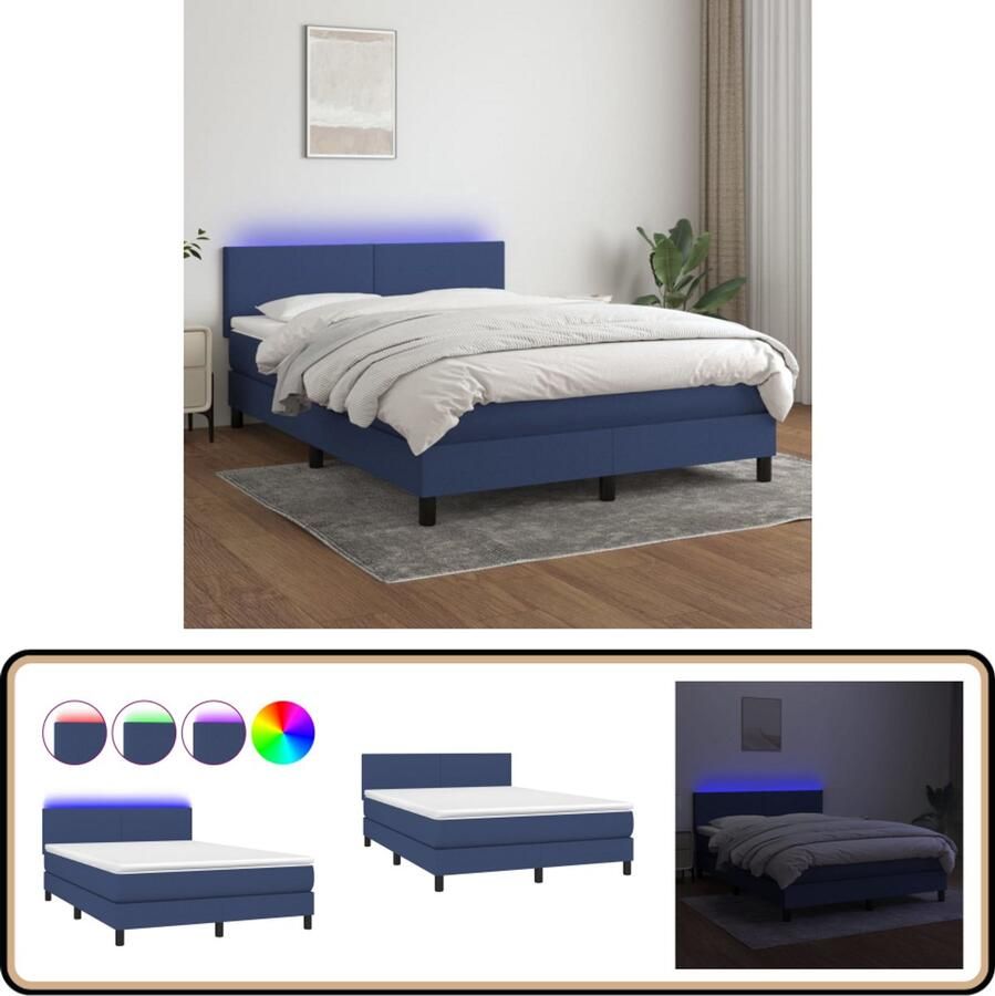 VidaXL Boxspring 140x200 cm Stof Blauw LED Boxspring Bed Led Lampje Pocketed Spring Mattress Hoofdbord Slaapcomfort Bedroom Furniture