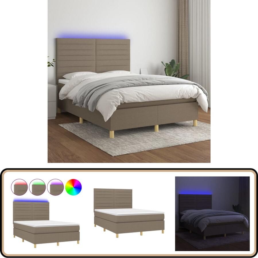 VidaXL Boxspring 140x200 cm Taupe Inclusief LED Boxspring Bed Led Lampjes Pocketvering Matras Taupe Kleuren Slaapcomfort