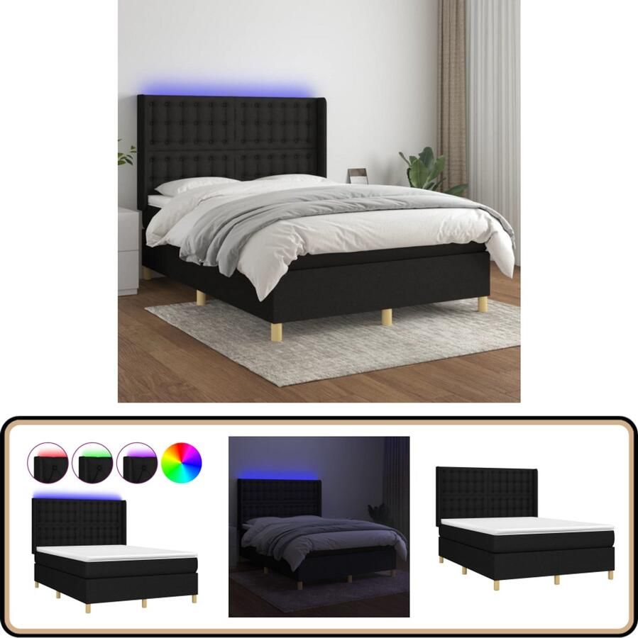 VidaXL Boxspring 140x200 cm Zwart Inclusief LED Boxspring Led Lamp Boxspring Frame Slaapcomfort Pocketed Spring Mattress Adjustable Headboard Zwarte Boxspring