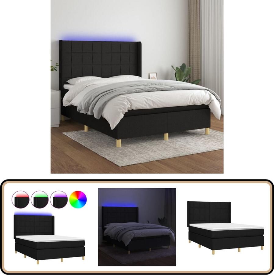 VidaXL Boxspring 140x200 cm Zwart Inclusief LED Boxspring Led Lamp Pocketveer Matras Zwarte Boxspring Tweepersoons Boxspring Frame Hoofdbord Slaapcomfort
