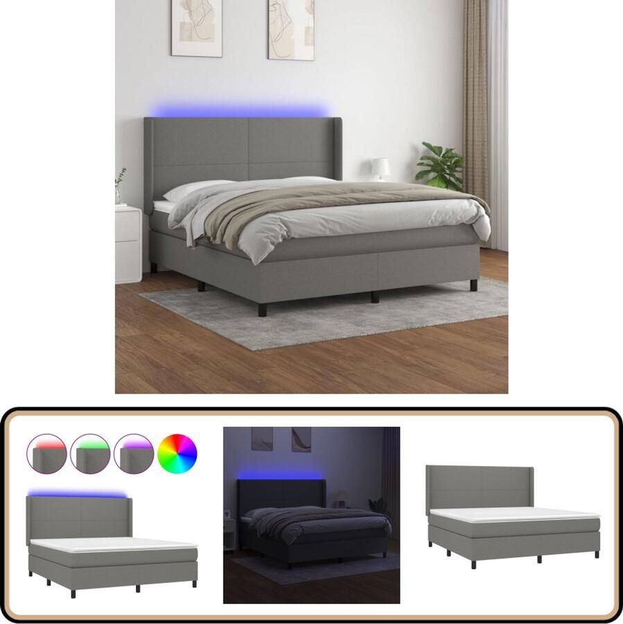 VidaXL Boxspring 160x200 cm Donkergrijs LED Boxspring Donkere Kleuren Lederlook Pocketvering Led Verlichting Slaapcomfort Hoofdbord Verstelbaar Groot Formaat