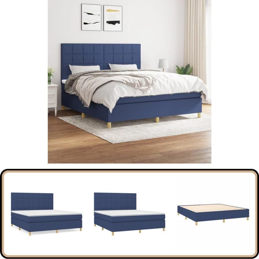 VidaXL Boxspring 160x200 cm Inclusief Matras Blauw Boxspringbed Slaapcomfort Pocketveermatras Verstelbare Hoofdbord Blauwe Kamer