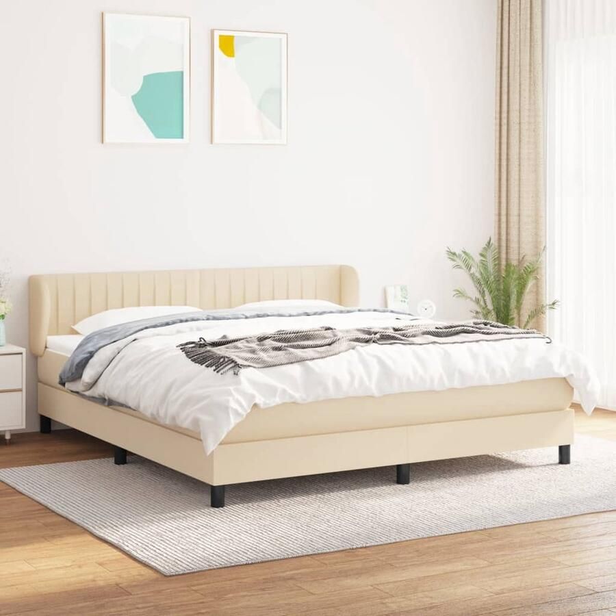 The Living Store Boxspringbed Pocketvering 180 x 200 Middelhard Huidvriendelijk Crème Boxspringbed Boxspring Tweepersoonsbed Creme Kleurig Pocketing Matras