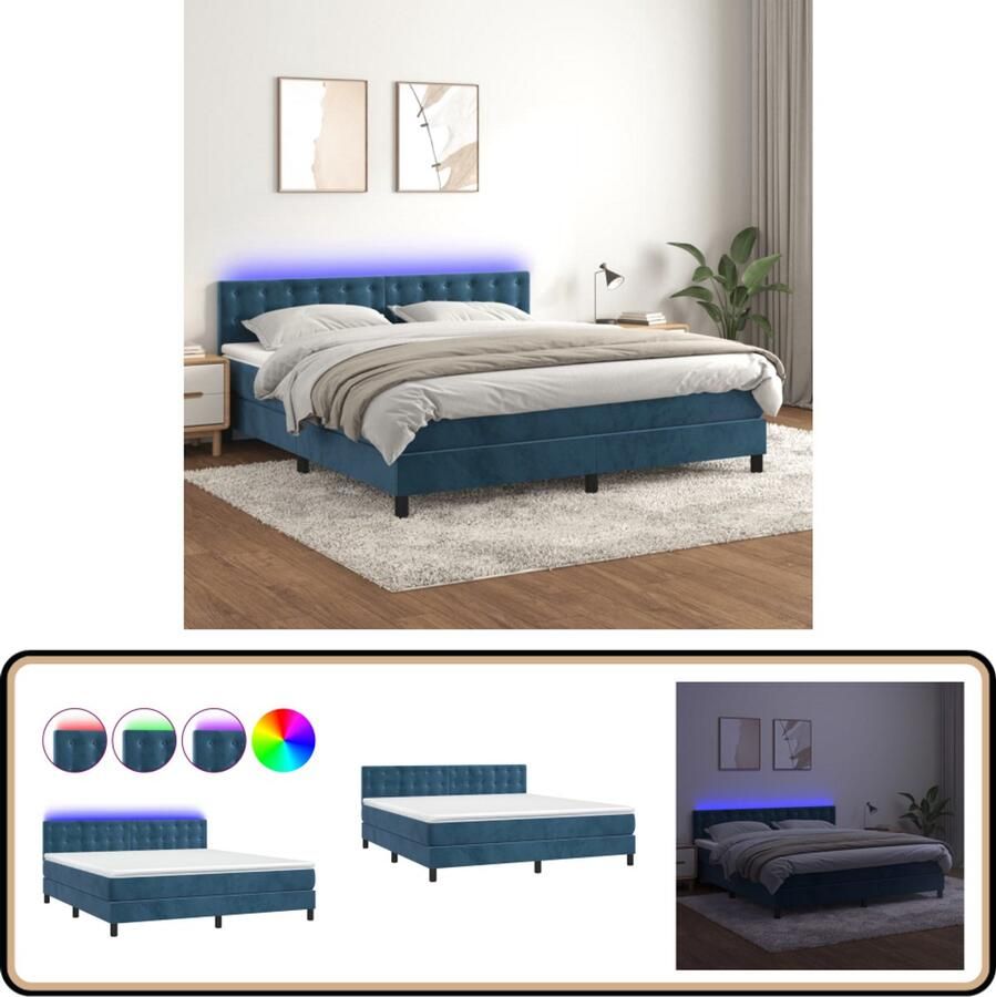 VidaXL Boxspring 180x200 cm Donkerblauw LED Boxspring Fluweel Bed Verstelbare Hoofdbord Led Lampen Pocketveer Matras