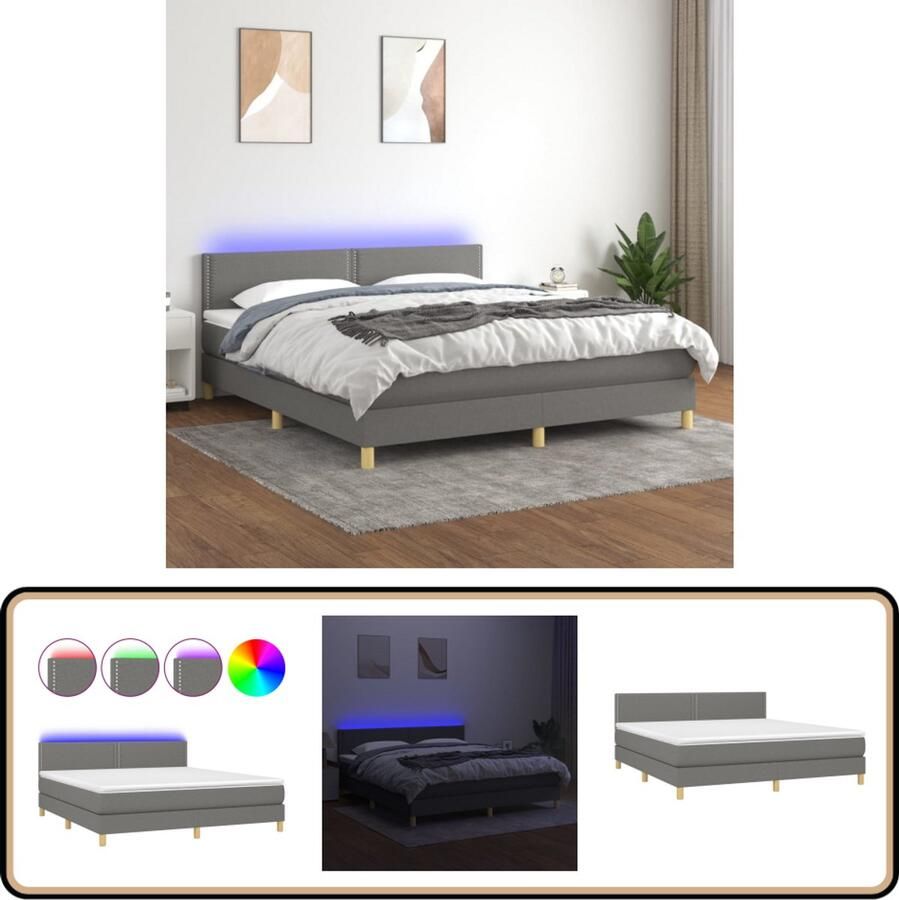 VidaXL Boxspring 180x200 cm Donkergrijs LED Boxspring Donkere Kleuren Led Lampen Pocketed Veren Slaapcomfort Slaapkamers