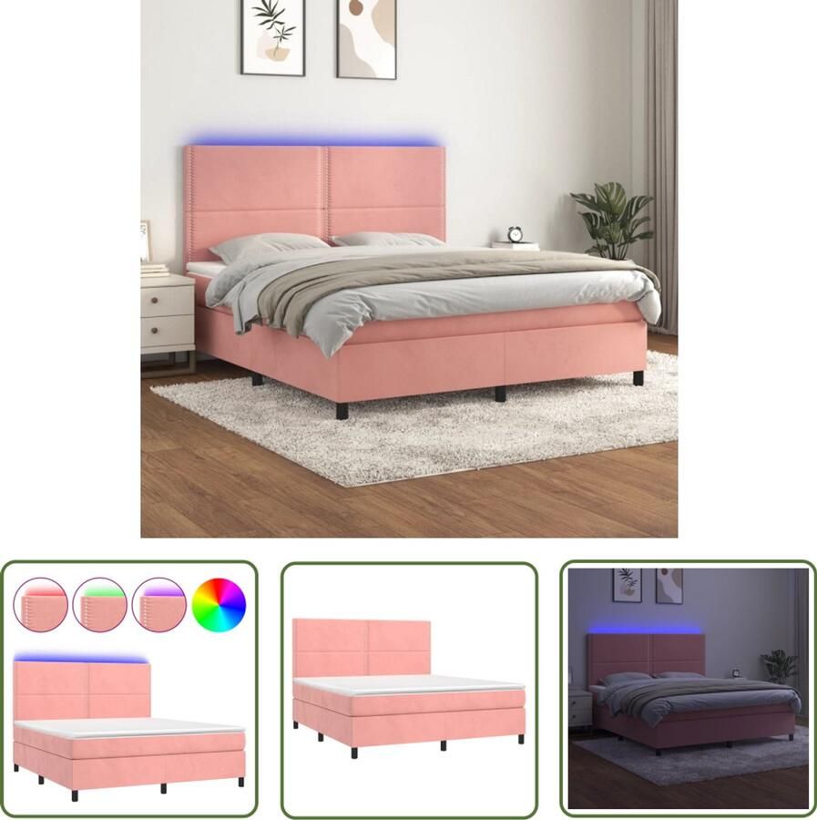 VidaXL Boxspring 180x200 cm Fluweel Roze LED Boxspring Fluweel Bed Verstelbare Hoofdbord Led Verlichting Pocketveer Matras Topmatras Roze - Foto 2