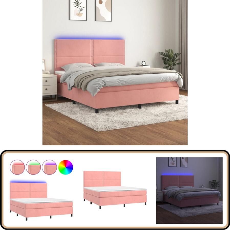 VidaXL Boxspring 180x200 cm Fluweel Roze LED Boxspring Fluweel Bed Verstelbare Hoofdbord Led Verlichting Pocketveer Matras Topmatras Roze